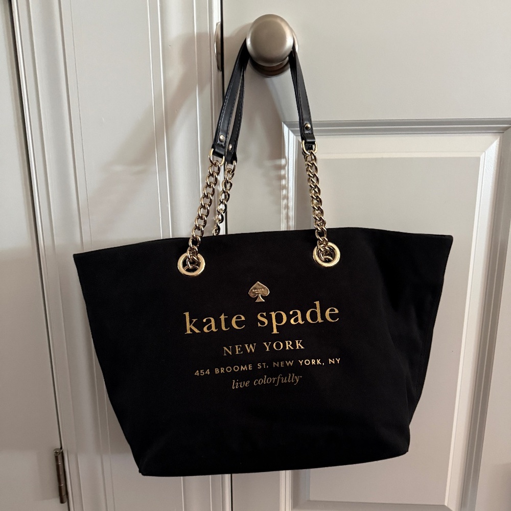 Kate Spade black canvas bag with gold chain straps.  Excellent condition